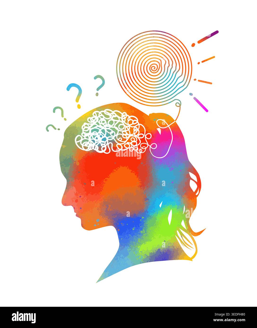 Abstraction : une personne pense, les pensées sont le cerveau coloré. illustration vectorielle. dessiné à la main. Pas IA Illustration de Vecteur