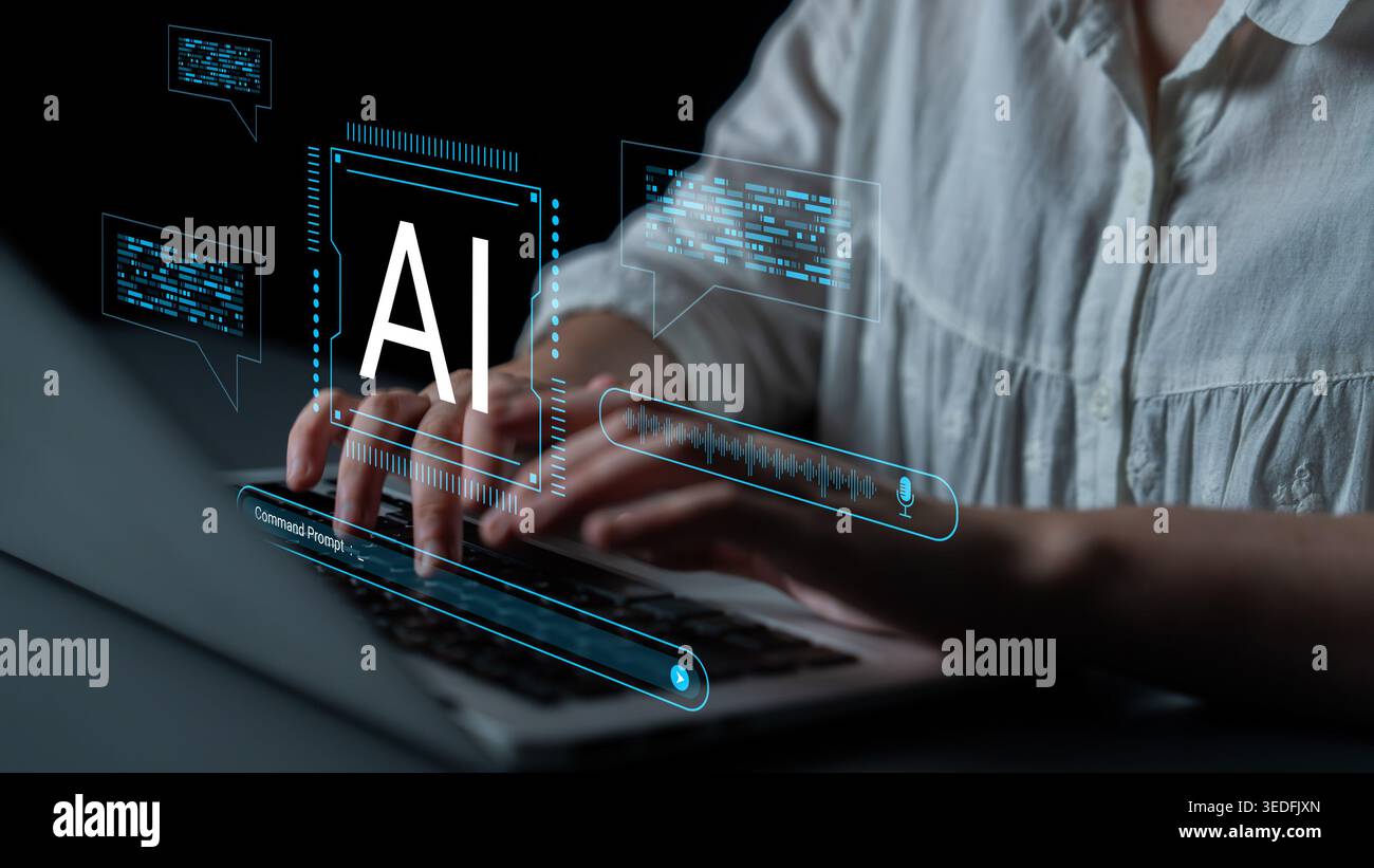 Saisie manuelle sur un ordinateur portable avec superposition d'éléments d'IA numérique mettant en valeur la technologie, la communication et le traitement avancé des données dans un espace de travail moderne Banque D'Images