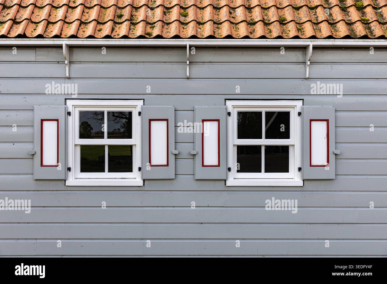 Vue sur la façade traditionnelle en bois d'un bâtiment historique avec revêtement gris et fenêtres à cadre blanc avec volets décoratifs à Schokland, FLE Banque D'Images