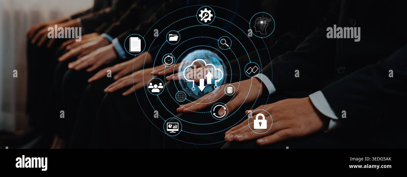 Mains de professionnels engagés dans l'innovation numérique avec des icônes de technologie futuriste représentant les concepts de connectivité et de sécurité Quark. Banque D'Images