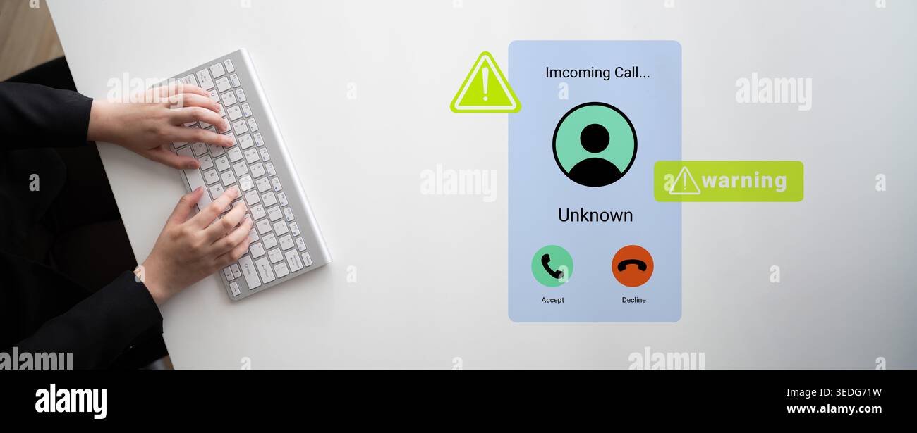 Image conceptuelle montrant une alerte d'appel entrant pour un appelant inconnu sur l'écran d'un smartphone avec des signaux d'avertissement clairs, tandis que quelqu'un tape sur un Banque D'Images