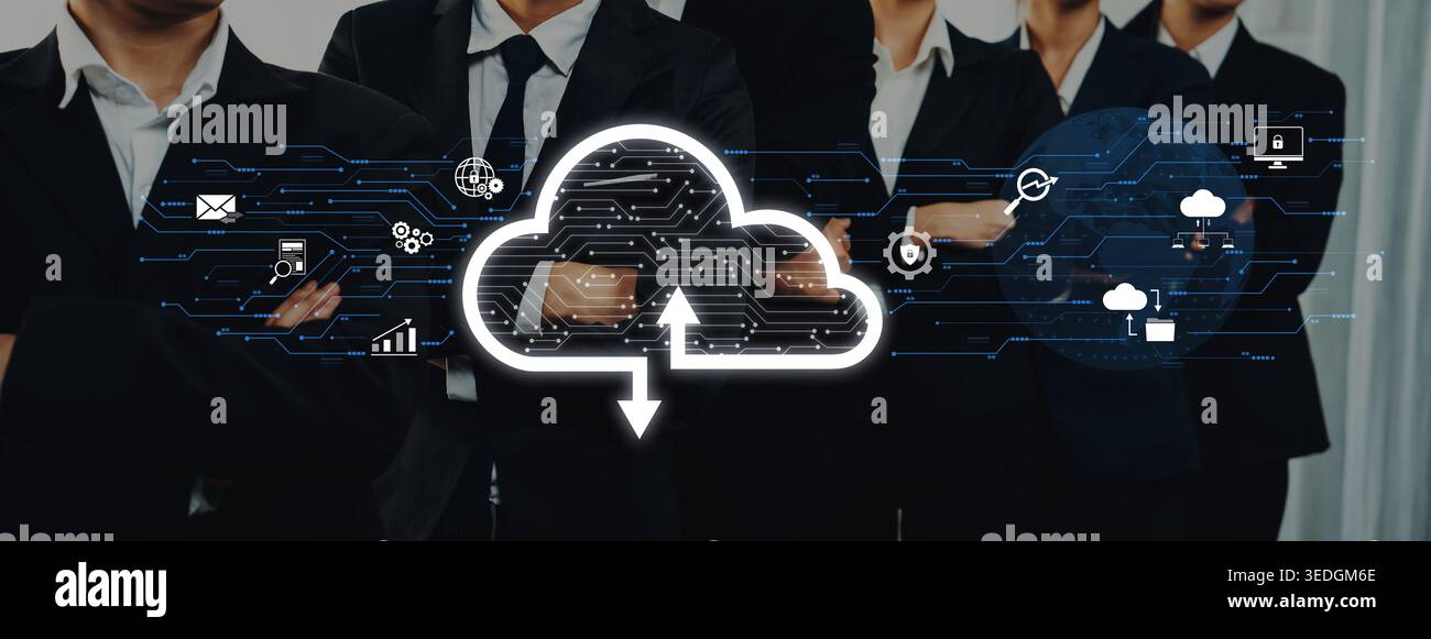 Groupe de professionnels en costumes debout en toute confiance avec des graphiques de cloud computing, soulignant l'importance de la gestion des données numériques et Banque D'Images