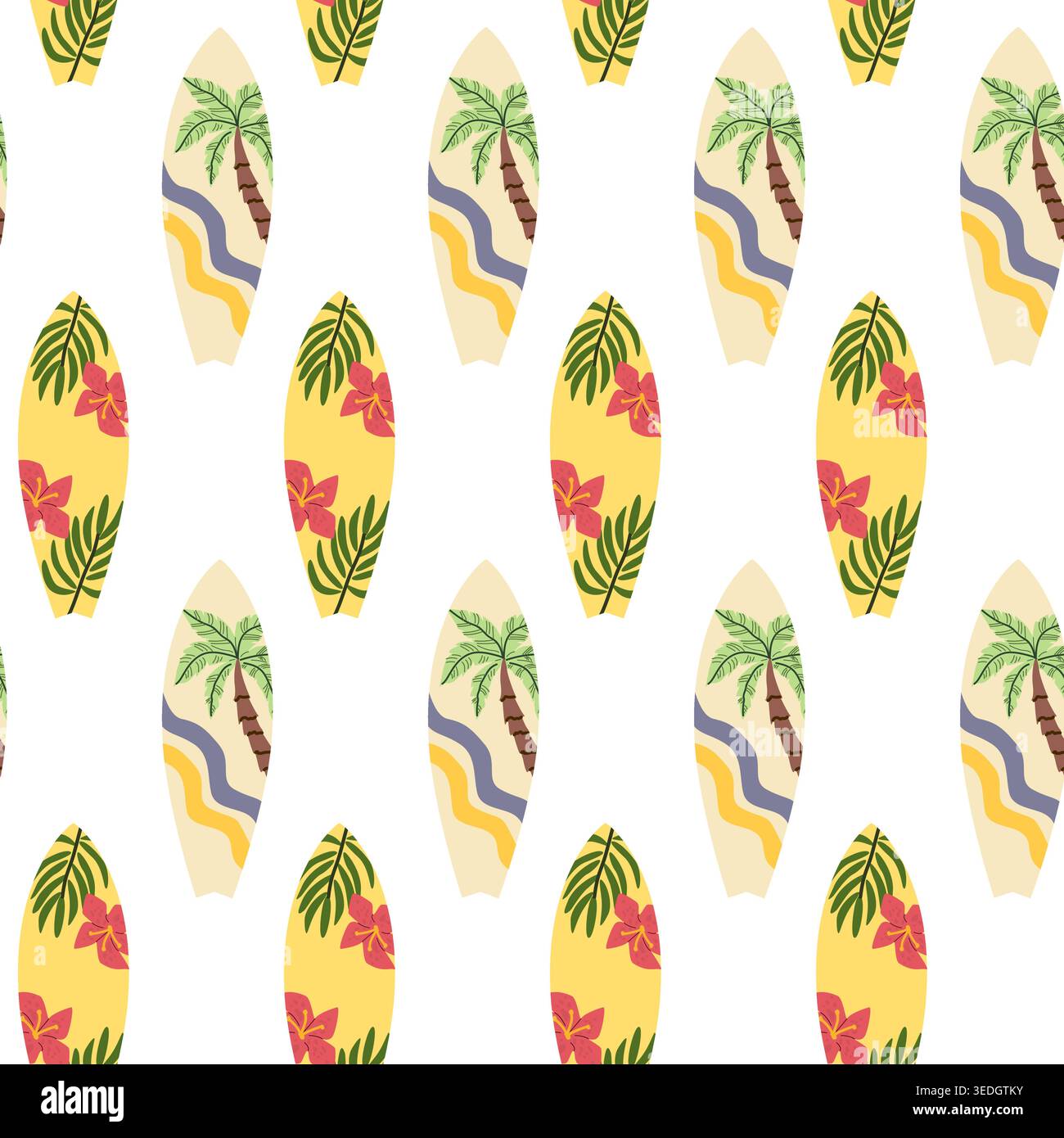 Un motif sans couture de planches de surf illustrées dans un style plat de dessin animé. Chaque planche de surf présente des éléments tropicaux comme des palmiers et des fleurs. Idéal pour Illustration de Vecteur