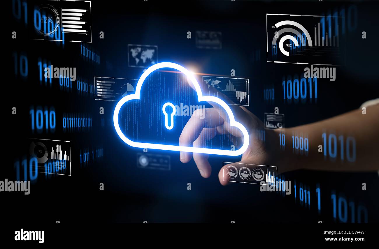 Le cloud computing favorise la croissance numérique grâce à un stockage de données sécurisé, une infrastructure évolutive et des solutions stratégiques basées sur le cloud. Loquet Banque D'Images