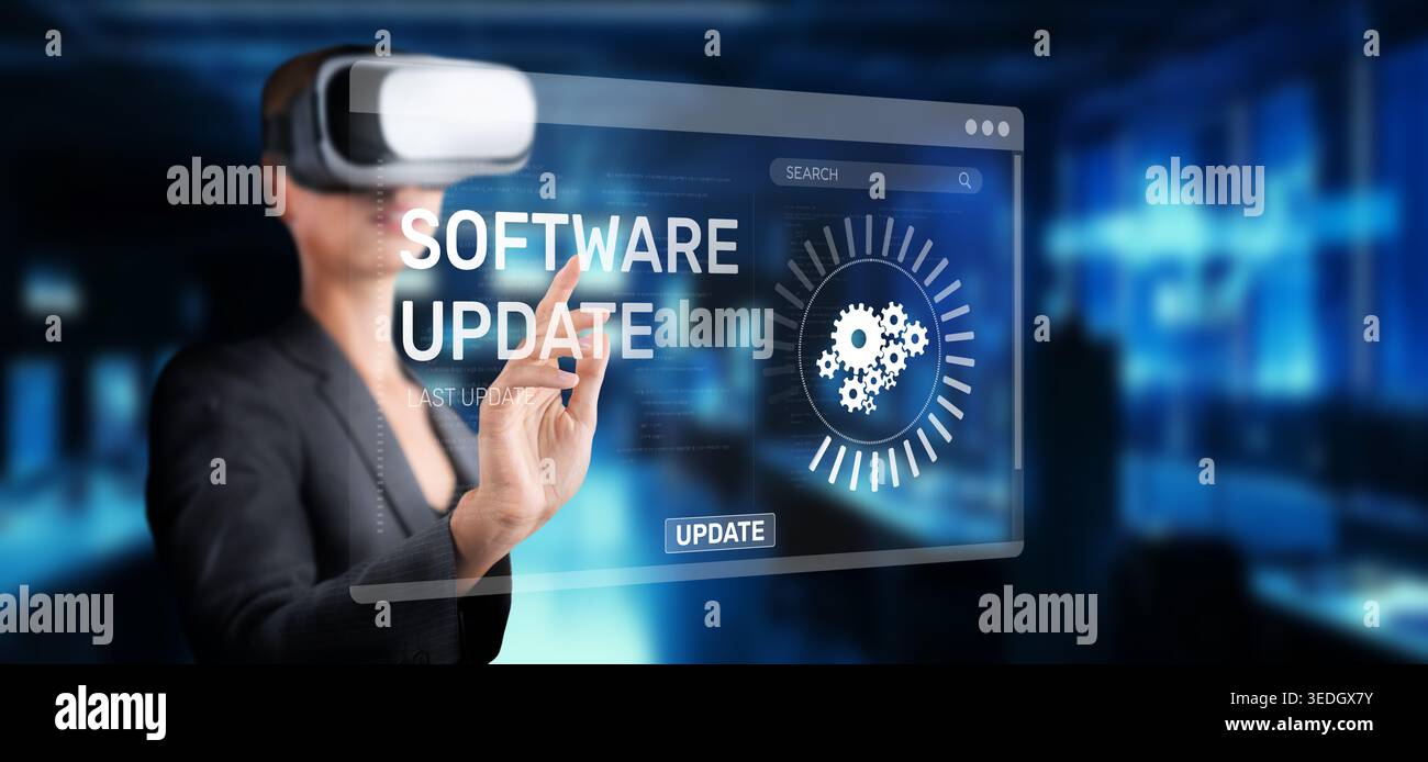 Un professionnel s'engage avec une interface de mise à jour logicielle numérique grâce à la technologie de réalité virtuelle, mettant en évidence les affaires modernes Banque D'Images