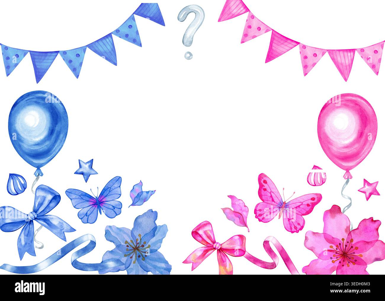 Illustration de genre aquarelle révélant des éléments festifs bleus et roses - ballons, drapeaux de guirlande, papillons, fleurs, arcs, et une question Banque D'Images