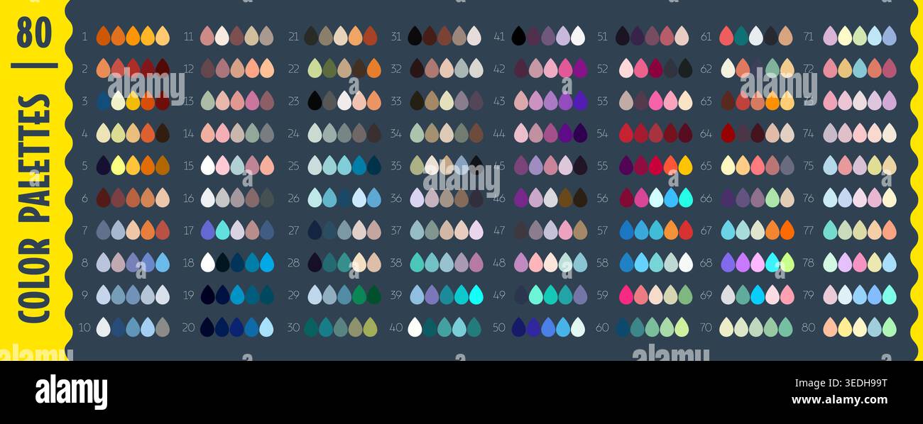 Nuances de schéma rvb en forme de goutte, tableau de palette d'harmonie cool, chaude et vibrante affichant des teintes claires, des tons, des nuances et des dégradés pour la sélection des couleurs, l'inspiration créative et la comparaison des palettes Illustration de Vecteur