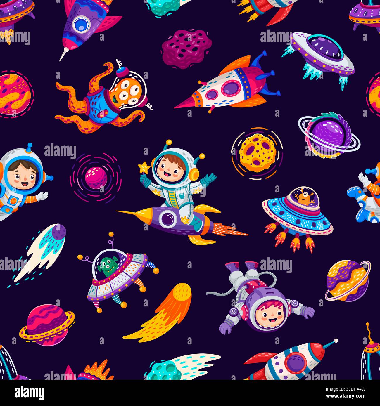 Dessins animés enfants astronautes, vaisseau spatial et fusées modèle sans couture. Fond de tuile d'espace vectoriel avec cosmonautes mignons dans des casques parmi les planètes, les comètes et les extraterrestres amicaux, transportant l'exploration d'aventure Illustration de Vecteur