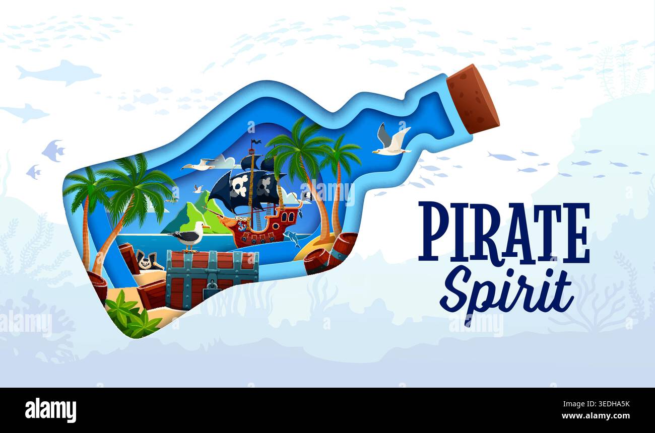 Bouteille pirate avec carte des trésors, voilier et île des Caraïbes. Plage tropicale de vecteur de dessin animé avec coffre, palmiers et voilier dans l'océan enfermé à l'intérieur du cadre de bouteille de papier coupé 3D, respire l'aventure Illustration de Vecteur