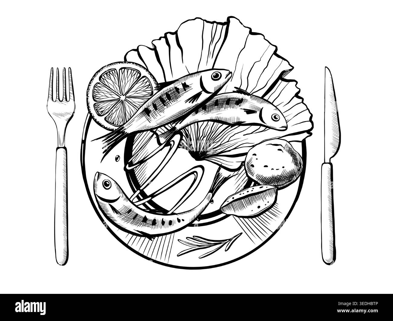 Réglage de la plaque de sardine en ligne vectorielle minimaliste Fruits de mer plaqués avec couverts pour papeterie de mariage méditerranéenne, conception de menu d'événement, festif Illustration de Vecteur
