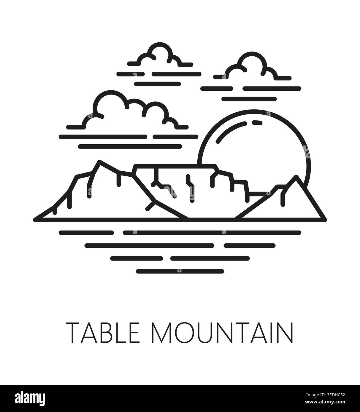 Montagne de table Afrique du Sud, icône ou étiquette de ligne de voyage africaine. Symbole de tournée touristique africaine, icône vectorielle de voyage d'aventure en Afrique du Sud. Signe de voyage du continent africain avec la montagne de point de repère de la nature Illustration de Vecteur