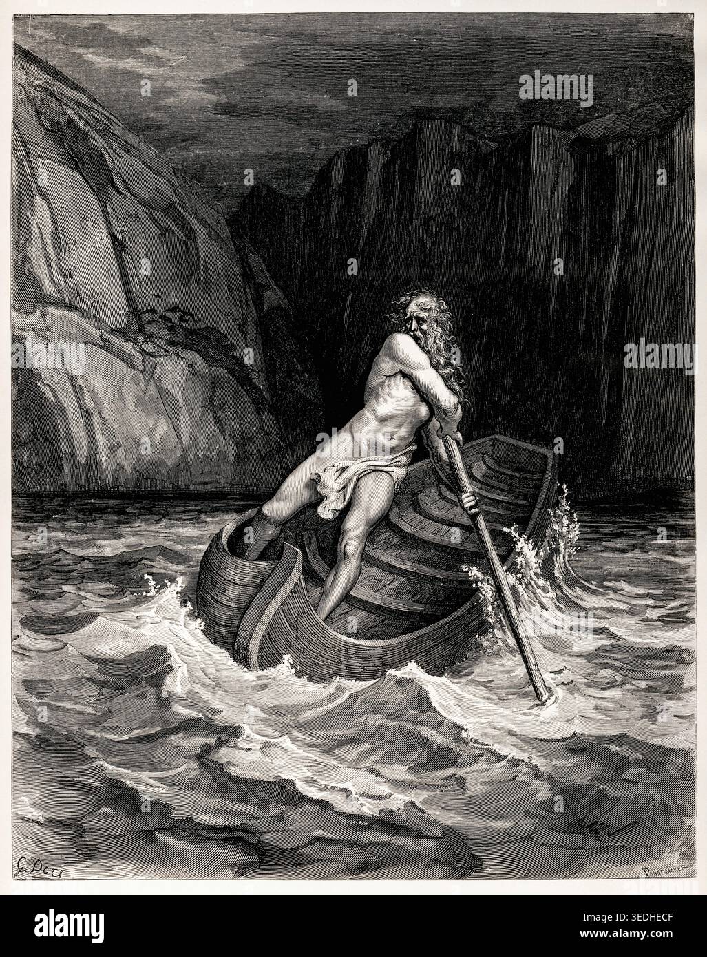 Gustave Dore, le Ferryman : Charon vient transporter des âmes à travers la rivière Achéron à l'enfer, illustration, gravure, vers 1857 Banque D'Images