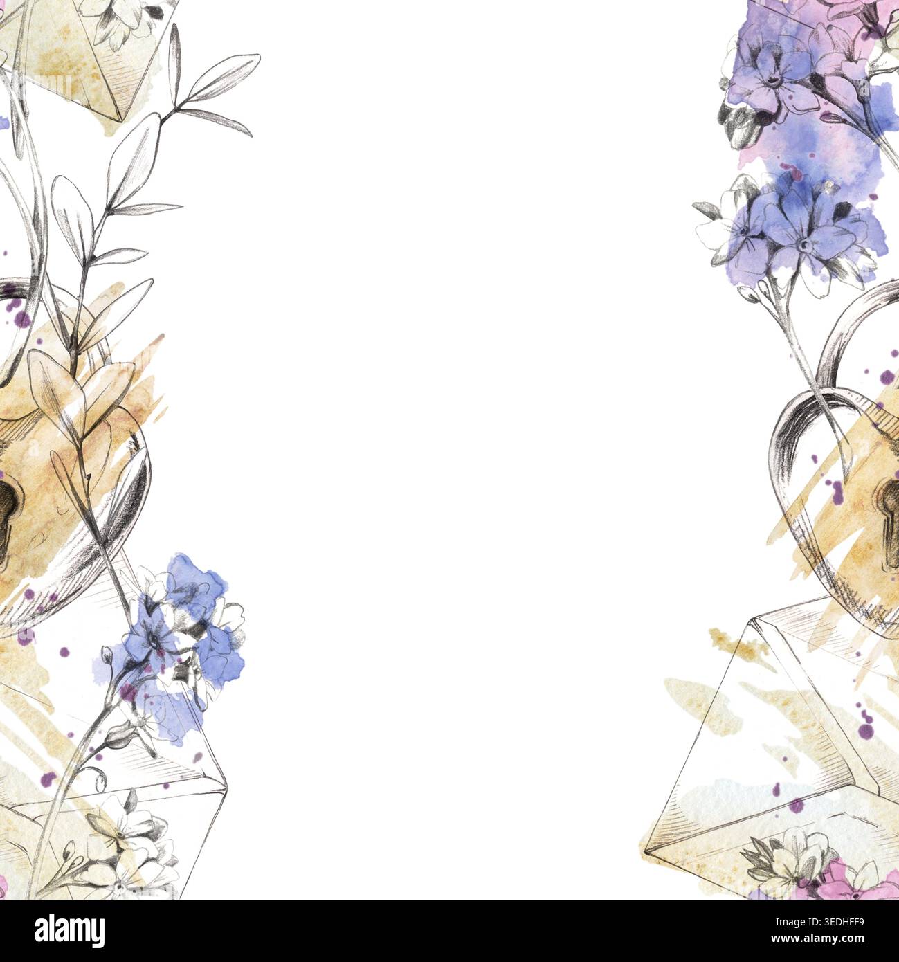 Icônes romantiques mignonnes avec serrure dorée, enveloppe en papier artisanal, fleurs oublie-me-pas bleues et roses de myosotis dessinées à la main au crayon et à l'aquarelle. Sans couture Banque D'Images