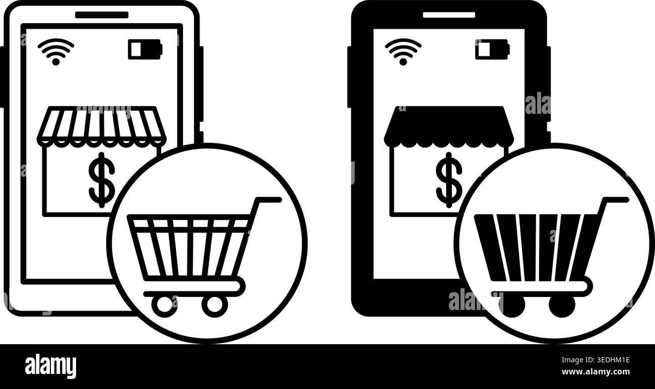 Icônes de la boutique en ligne. Illustration vectorielle en noir et blanc. Téléphone portable, magasin et panier. Site Web ou application pour les achats en ligne. Marketing numérique Illustration de Vecteur