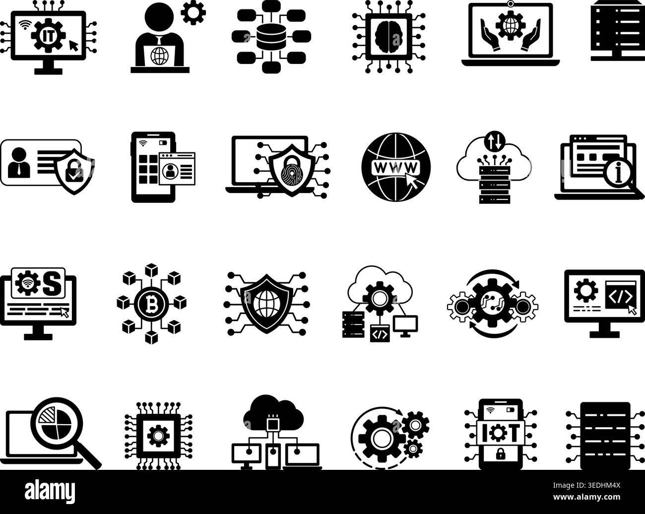 Icône noire définie technologie de l'information. Illustrations vectorielles responsable INFORMATIQUE, analyse de données, données numériques, gestion INFORMATIQUE, sécurité réseau, et bien plus encore Illustration de Vecteur