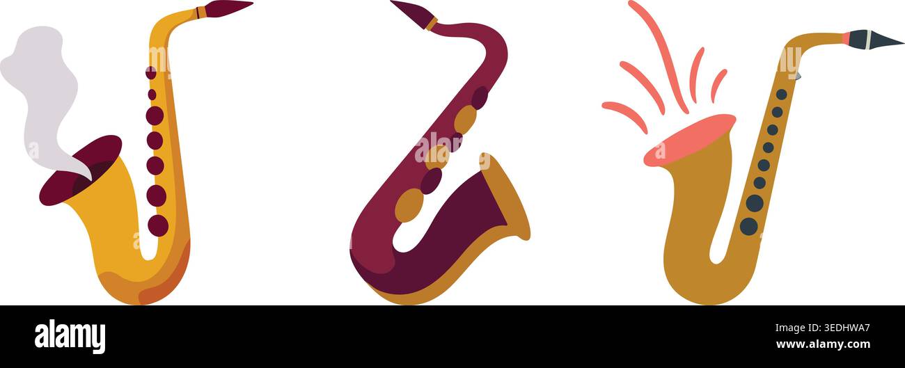Un ensemble d'illustrations élégantes mettant en scène trois saxophones de différentes couleurs et poses Illustration de Vecteur