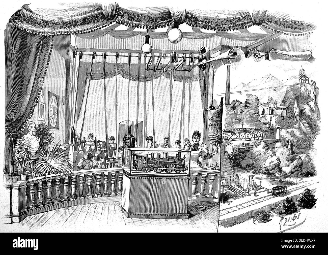 Illustration Zeigt eine Ausstellung von Lokomotivmodellen im Rahmen der Berliner Gewerbeausstellung von 1896, Berlin, Deutschland, illustration, Repro Banque D'Images