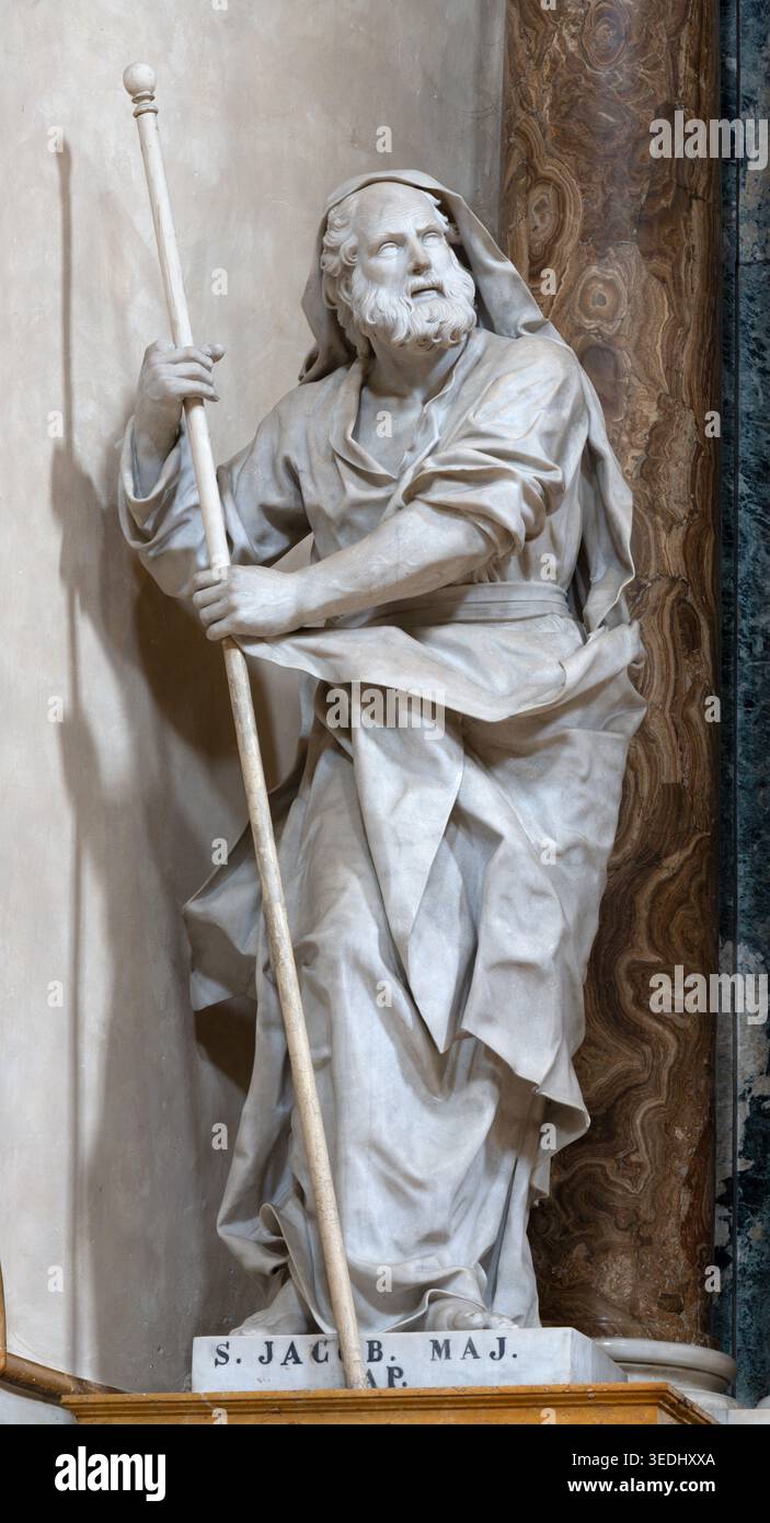 BERGAME, ITALIE - 21 MARS 2026 : la statue de Jacques le Grand dans le Duomo - Cattedrale di Sant'Alessandro par Andrea Fantoni ou son école Banque D'Images