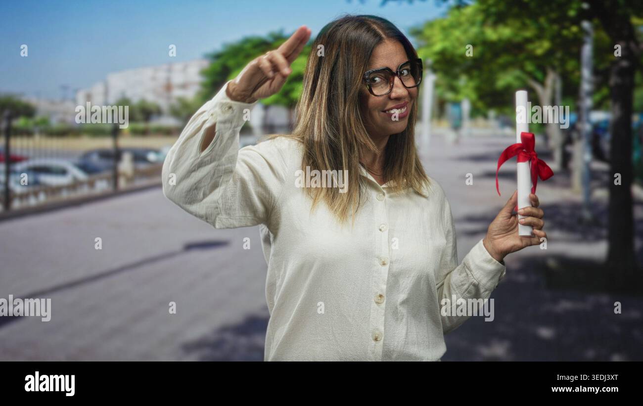 Femme tient le rouleau de diplôme avec ruban rouge, sourit et pointe doigt vers le haut sur la rue ; accomplissement de fierté. Banque D'Images