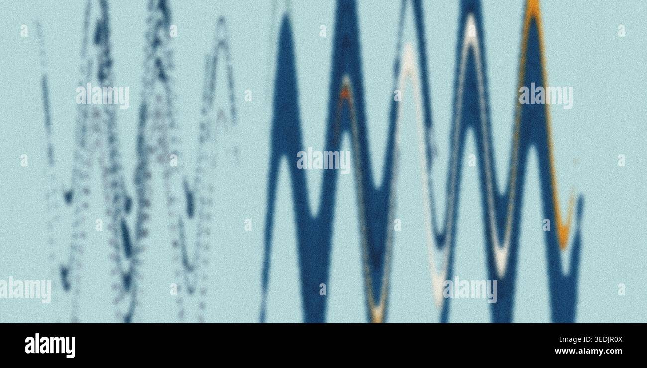 Graphique numérique présentant des motifs d'ondes verticales répétitifs dans des tons de bleu foncé, sarcelle et des notes d'orange, sur fond bleu clair. Banque D'Images
