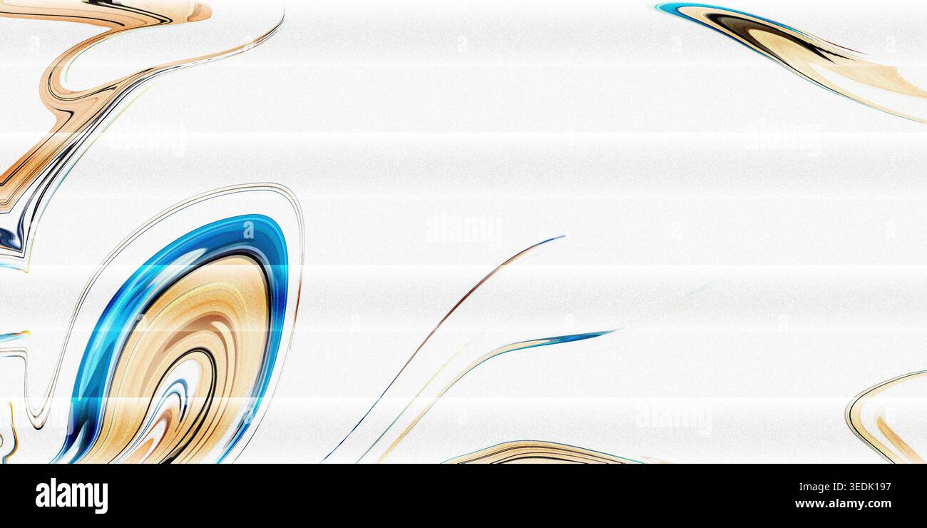 Cette image présente une pièce d'art abstraite avec des motifs tourbillonnants dorés et bleus isolés sur un fond blanc pur, exsudant l'élégance et sophisti Banque D'Images