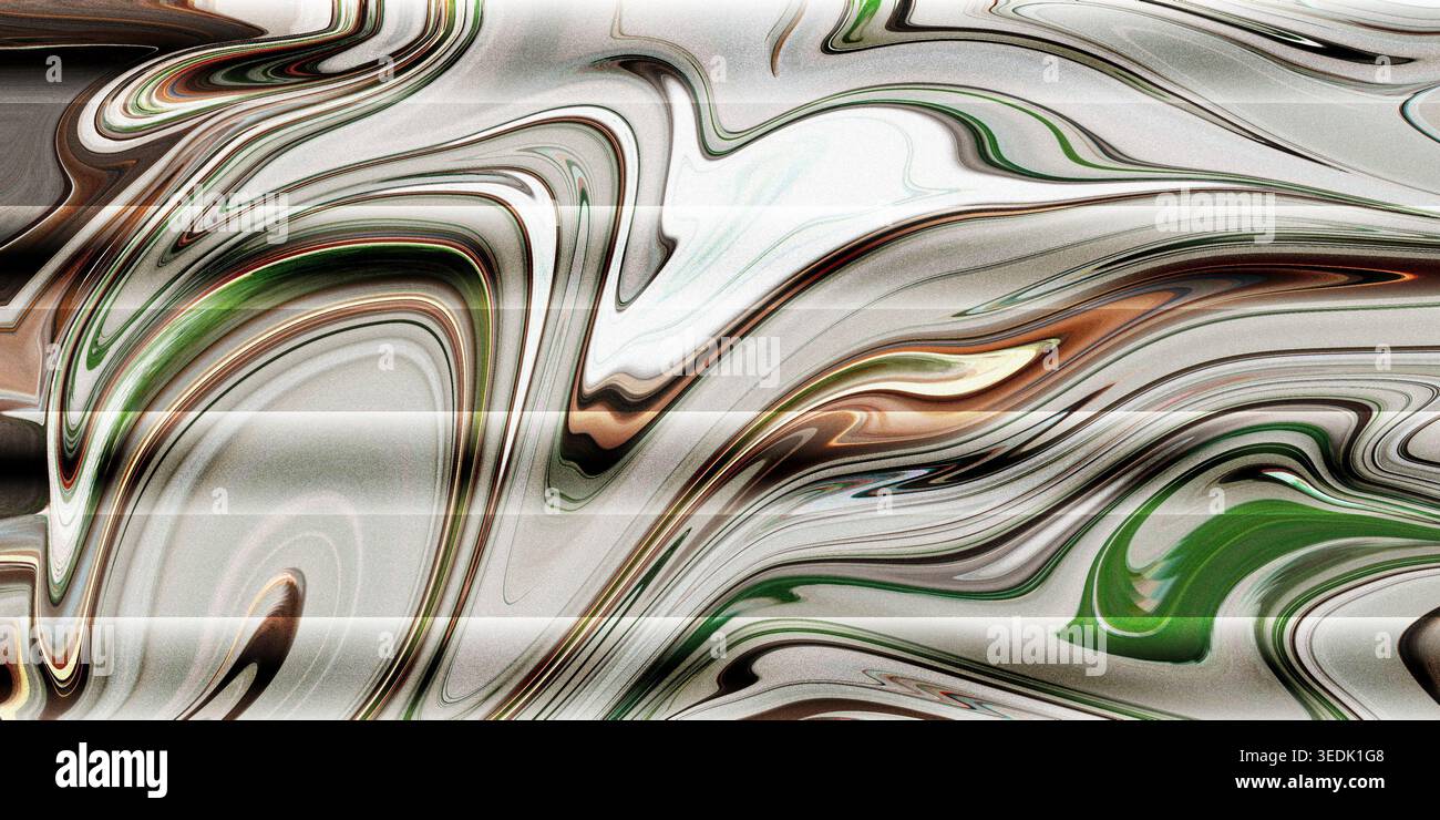 Design vibrant en marbre abstrait avec des motifs tourbillonnants de couleurs vertes, brunes et blanches, créant un effet visuel fascinant avec un fluidité lisse Banque D'Images