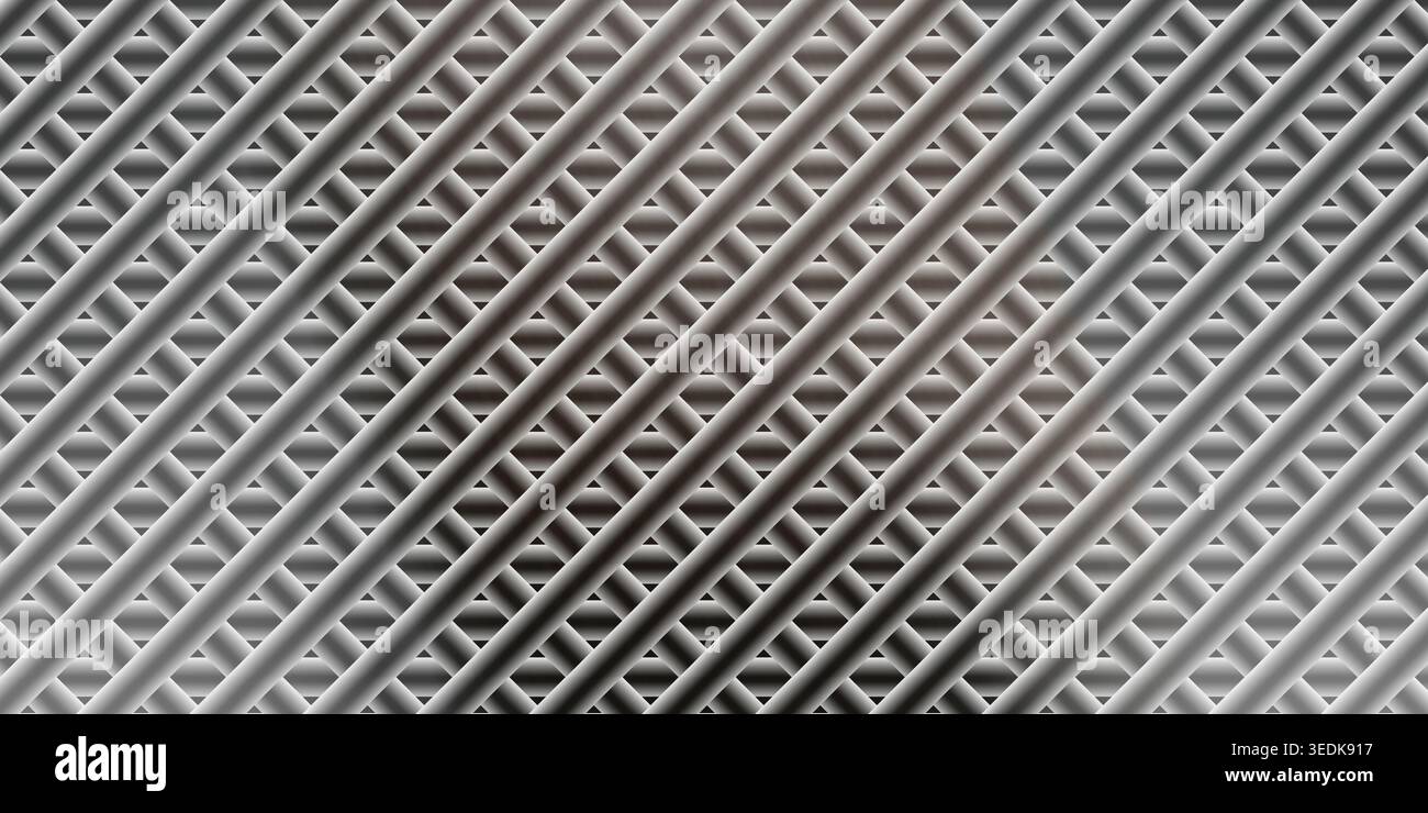 Un fond abstrait avec un motif de tubes métalliques diagonaux se croisant, créant un effet de grille géométrique texturé avec un ombrage doux Banque D'Images