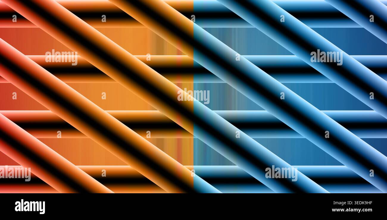 Un fond géométrique abstrait avec un design fendu avec des dégradés orange et bleu, superposés avec des structures de tube 3D diagonales et horizontales. Banque D'Images