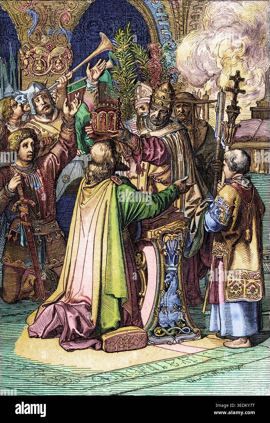Charlemagne (742-814) couronné par le pape Léon III (c 750-816) à la basilique Saint-Pierre de Rome le 25 décembre 800 - Banque D'Images