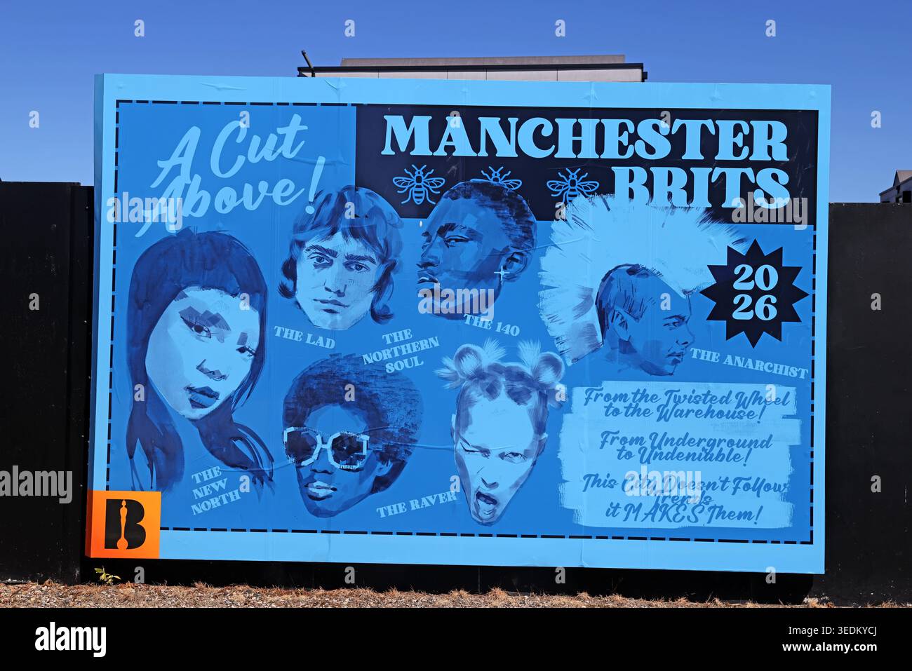 Manchester Brits 2026 artwork à New Islington, mettant en vedette des archétypes de la musique locale allant de Northern soul à indie et punk Banque D'Images