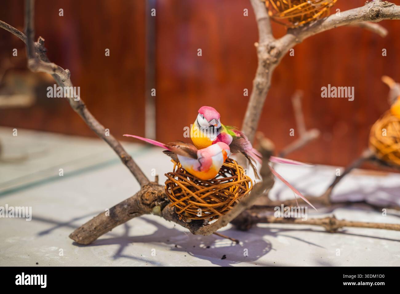 Figurines d'oiseaux colorées sur une branche Banque D'Images