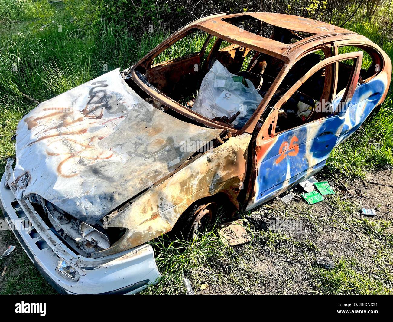 Voiture brûlée Wreck voiture abandonnée, lourdement endommagée et méconnaissable après un incendie, modèle et faire non identifié - Image de stock capturée avec un smartphone