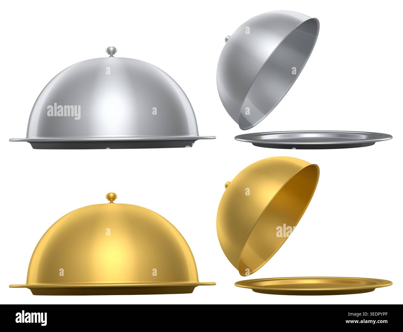 Ensemble de plateau avec cloche prêt à servir isolé sur fond blanc Banque D'Images