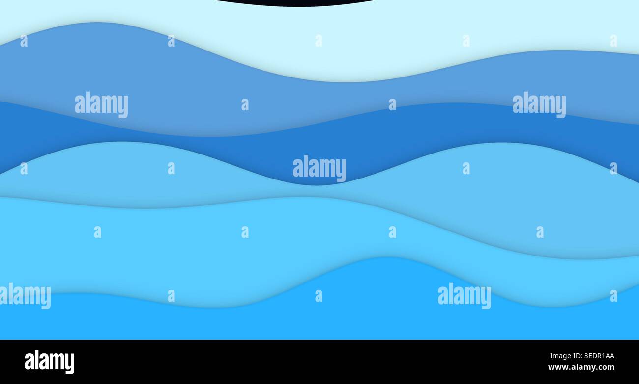 Une composition vibrante et abstraite avec des bandes de vagues découpées en papier superposées avec des ombres portées douces dans des tons bleu néon vif, créant un style dynamique et moderne Banque D'Images