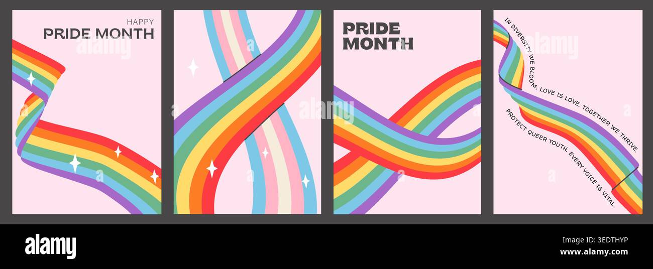 Ensemble d'affiches du mois de la fierté avec ruban arc-en-ciel Y2K et vague de drapeau transgenre. Bannières verticales rétro LGBTQ. Imprimés graphiques avec textes inclusifs pour Illustration de Vecteur