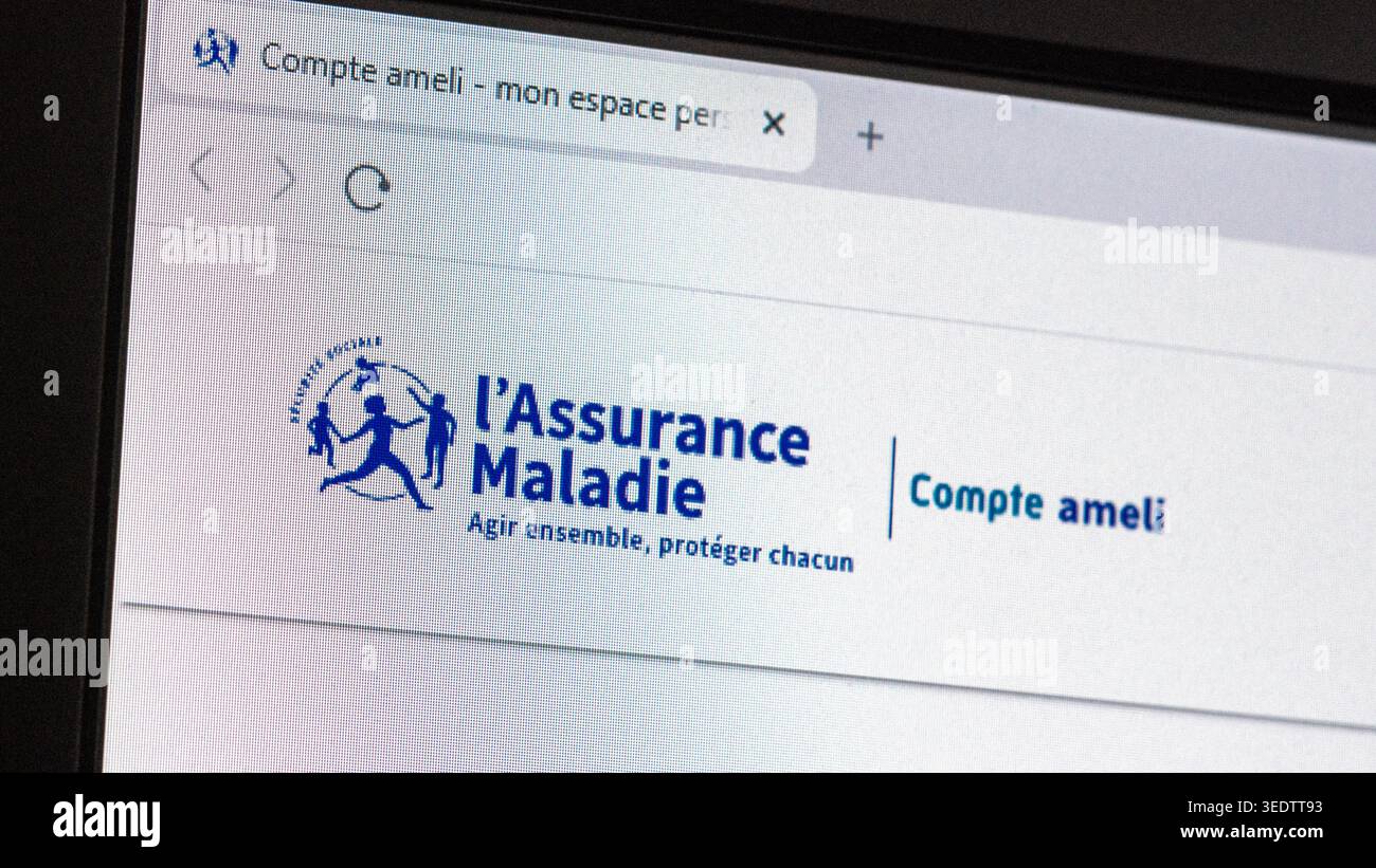 Détail du site internet 'ameli.fr' de l'assurance maladie française permettant aux utilisateurs de compléter la plupart des démarches administratives connexes Banque D'Images