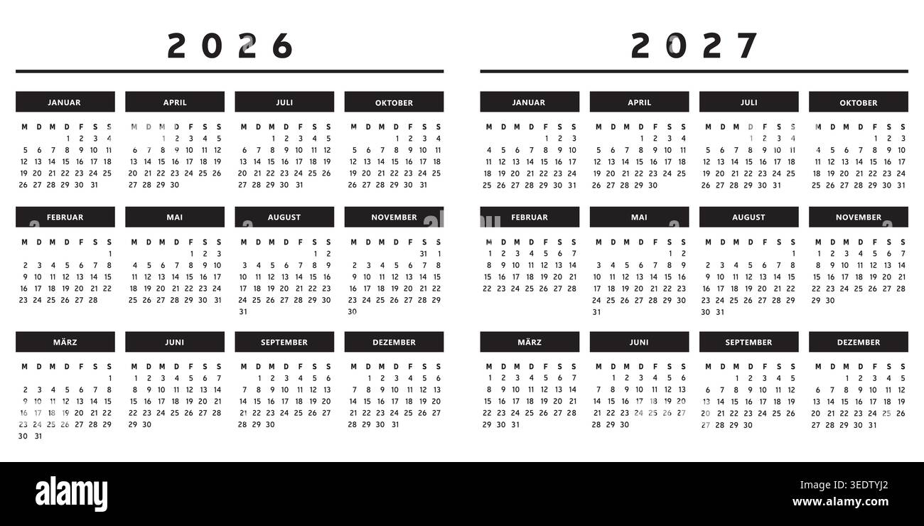 Calendriers 2026 et 2027 avec boîtes en couleurs noir et blanc 4 colonnes - Allemand Illustration de Vecteur