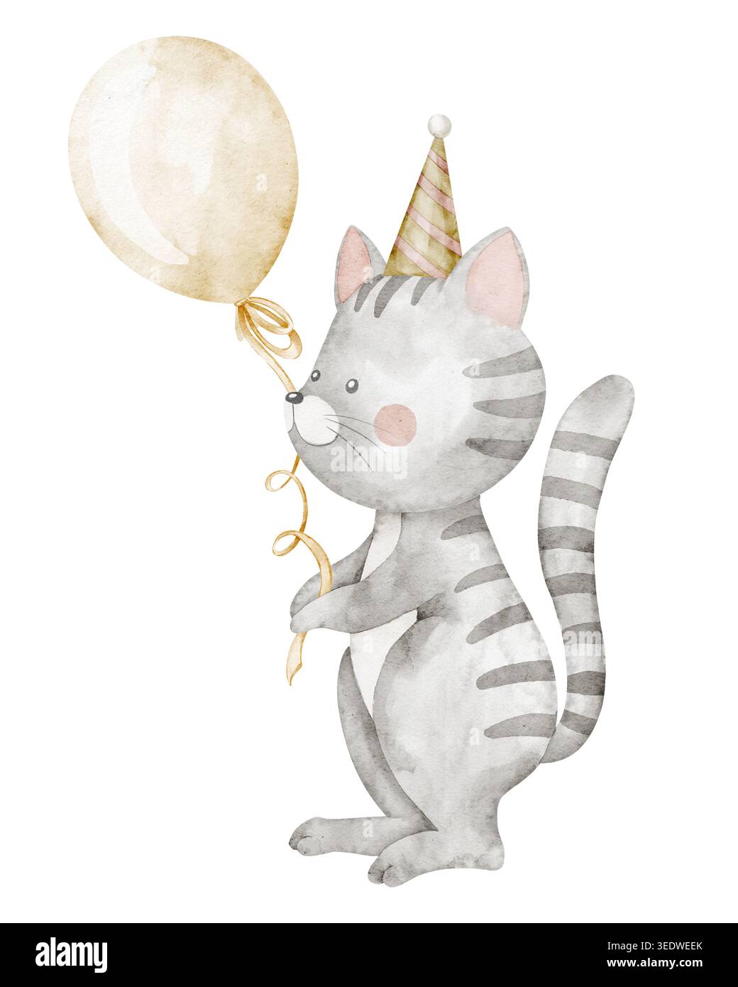 Illustration aquarelle Cat. Art de l'animal mignon avec ballon sur fond isolé pour la carte de voeux d'anniversaire de bébé et invitation de fête enfantine. Cha Banque D'Images