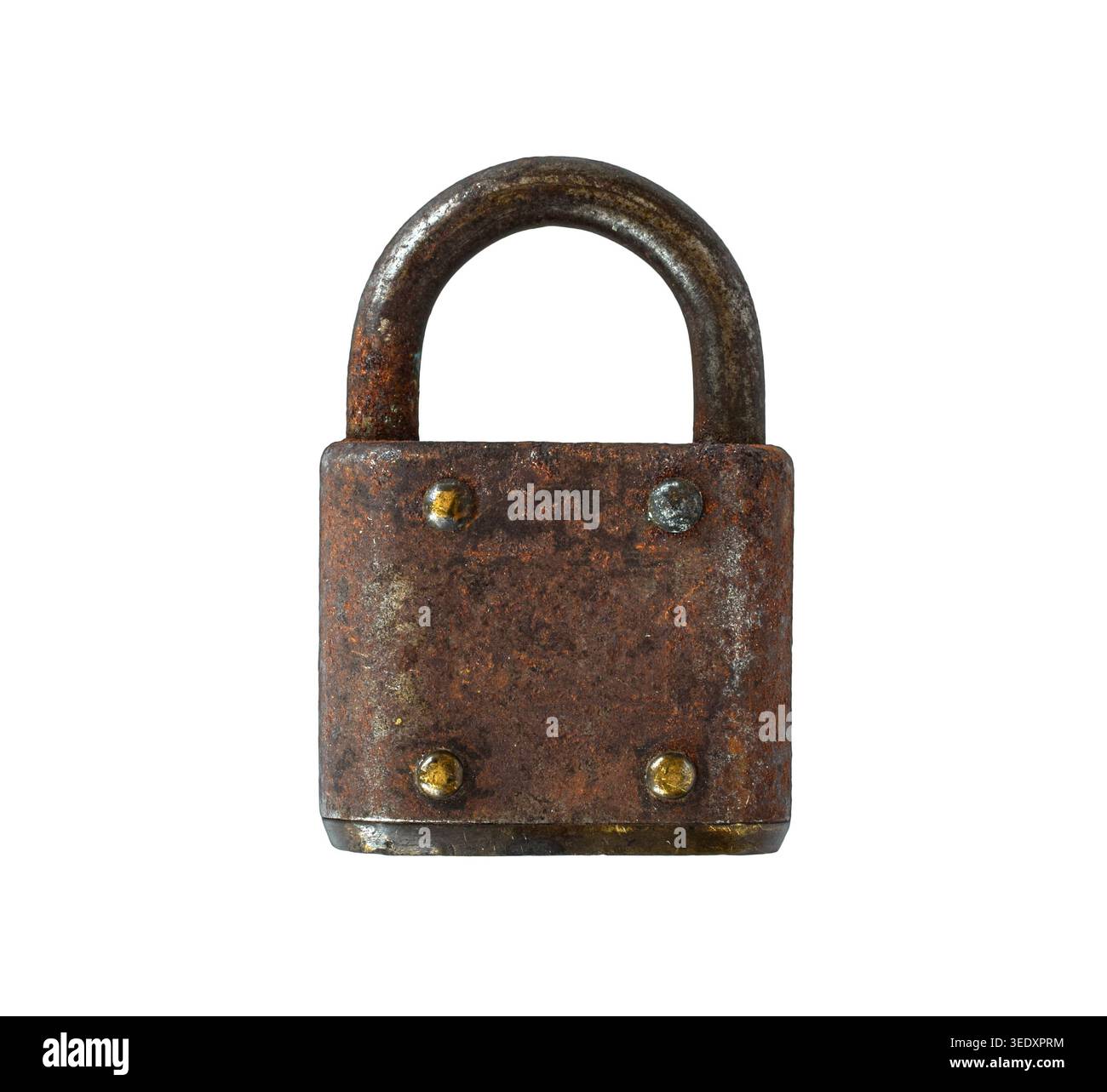 Vieux cadenas en métal rouillé avec surface altérée isolé sur fond blanc. Objet de sécurité vintage symbolisant la protection, la restriction, la vie privée, agi Banque D'Images