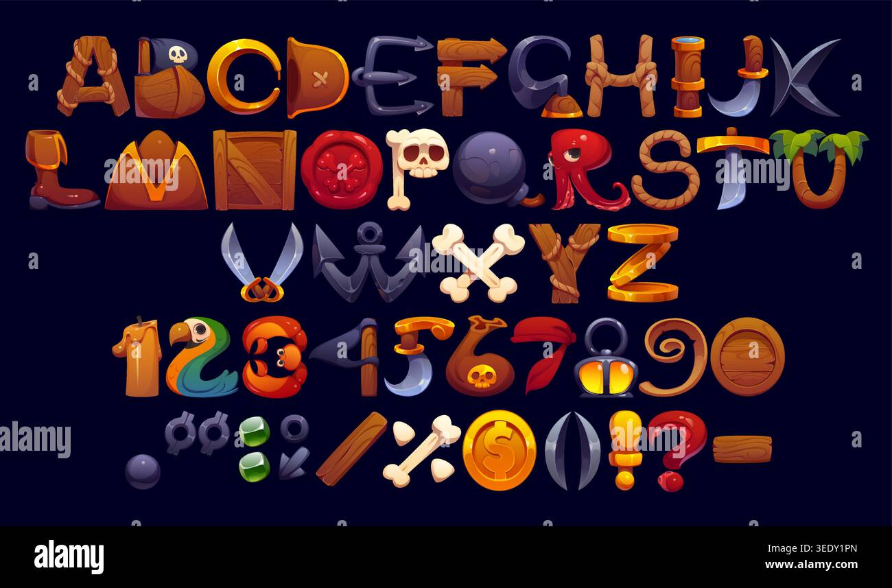 Police caricaturale caribéenne pirates, lettres de police corsaire. Alphabet anglais vectoriel et nombre défini avec des cordes, des canons, des épées et des pièces d'or. nautique abc pour les jeux d'enfants, les cartes au trésor ou les aventures Illustration de Vecteur
