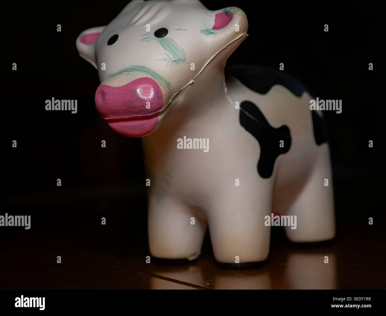 Vue rapprochée d'une petite vache tachetée noire et blanche avec le nez rose et des marques vertes sur son visage assis sur une surface en bois sombre Banque D'Images