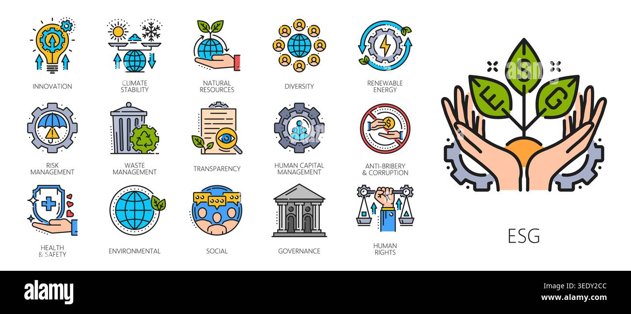 Icônes de ligne de gouvernance sociale ESG environnement. Signes vectoriels de protection de l'environnement, énergies renouvelables, stabilité climatique, recyclage, ressources naturelles, diversité, capital humain, symboles de santé et de sécurité Illustration de Vecteur