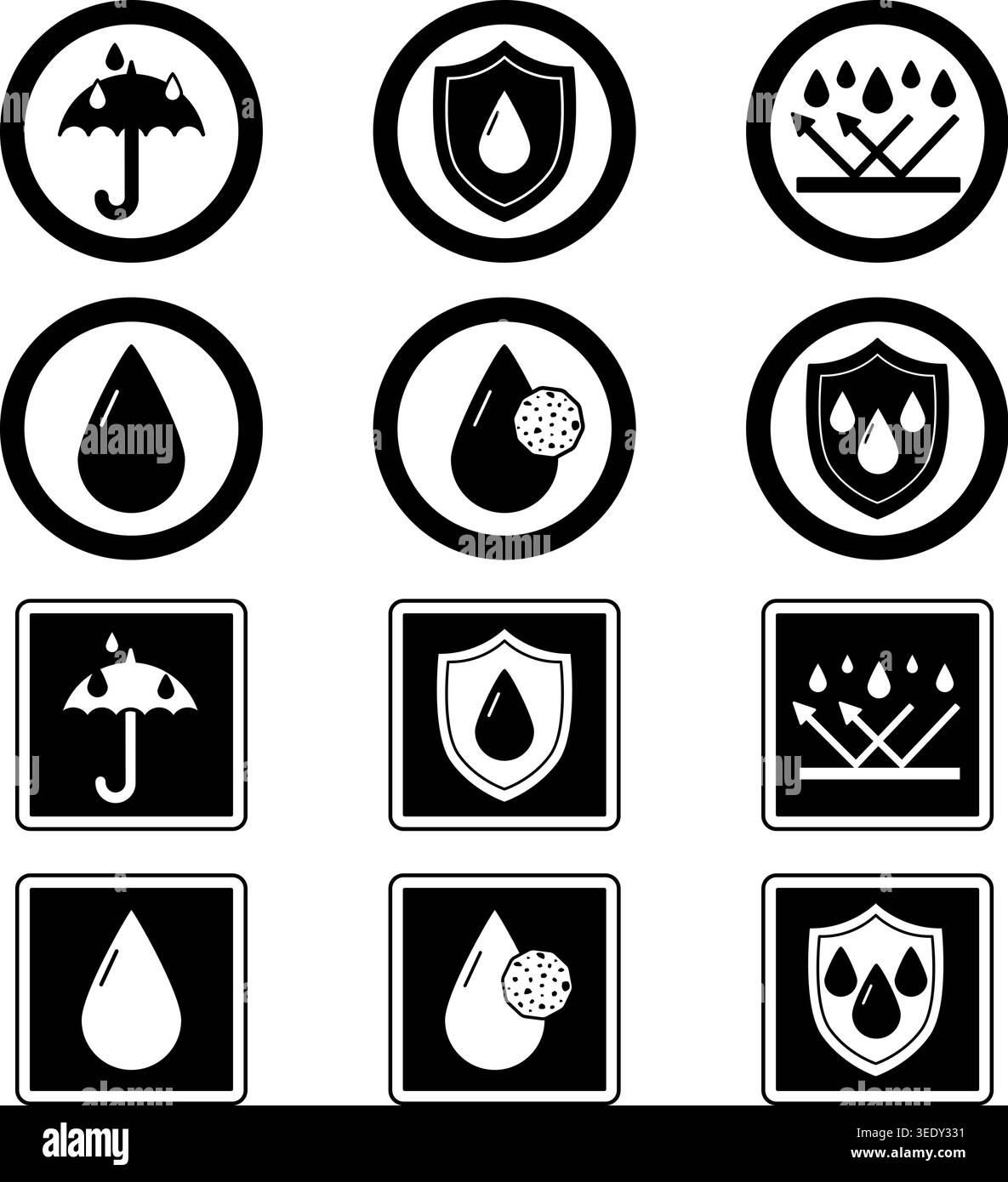 Étiquettes résistantes à l'eau noire et à la poussière. Icônes vectorielles pour l'emballage, autocollants. Matériau protecteur contre l'eau, la sueur et la poussière Illustration de Vecteur