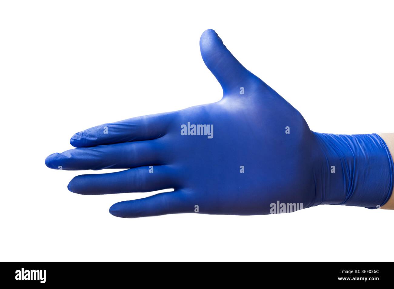Gants médicaux en nitrile bleu portant à la main atteignant isolé sur fond blanc Banque D'Images