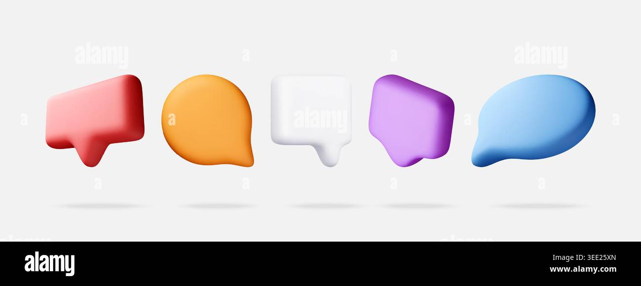 Ensemble d'icônes de bulle de parole colorées 3d isolées sur blanc. Différentes formes de nuage de chat pour la communication, l'interface de message de médias sociaux et numérique Illustration de Vecteur