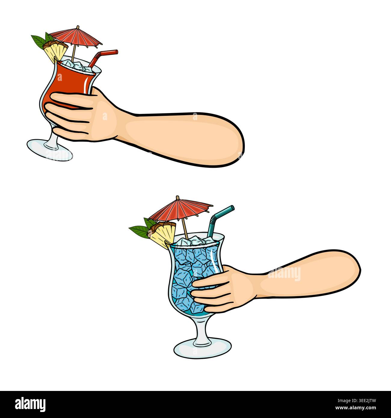 Ensemble de deux mains tenant des cocktails tropicaux rafraîchissants avec ananas, menthe et illustrations vectorielles parapluie Illustration de Vecteur