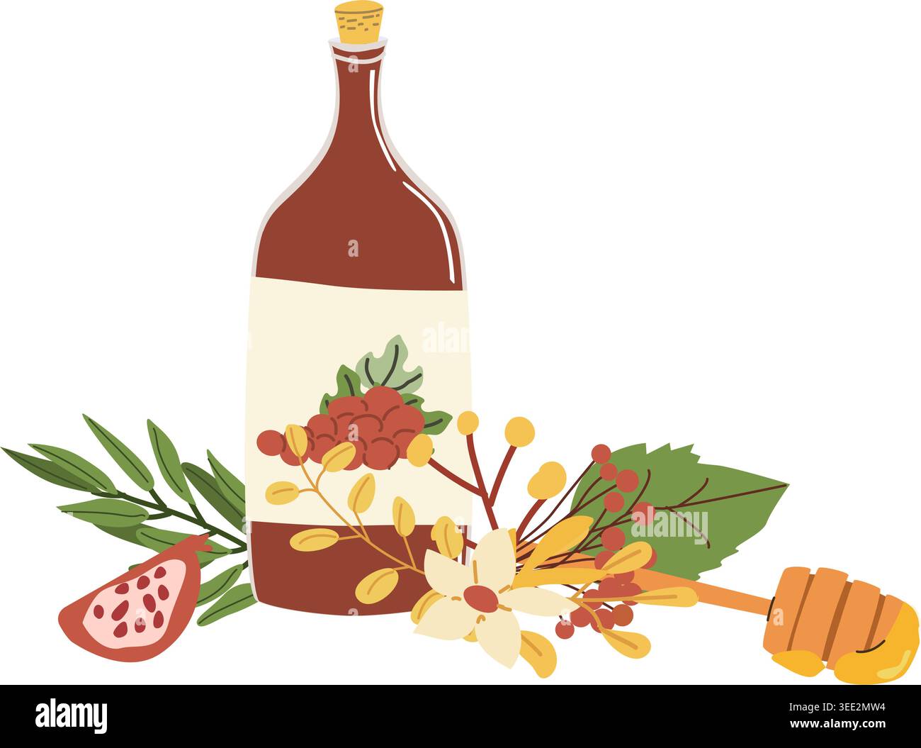 Bouteille de vin décorée de feuilles d'automne et d'une cuillère à miel. Composition saisonnière élégante pour la célébration de Rosh Hashanah avec une ambiance chaleureuse de récolte. Illustration de Vecteur