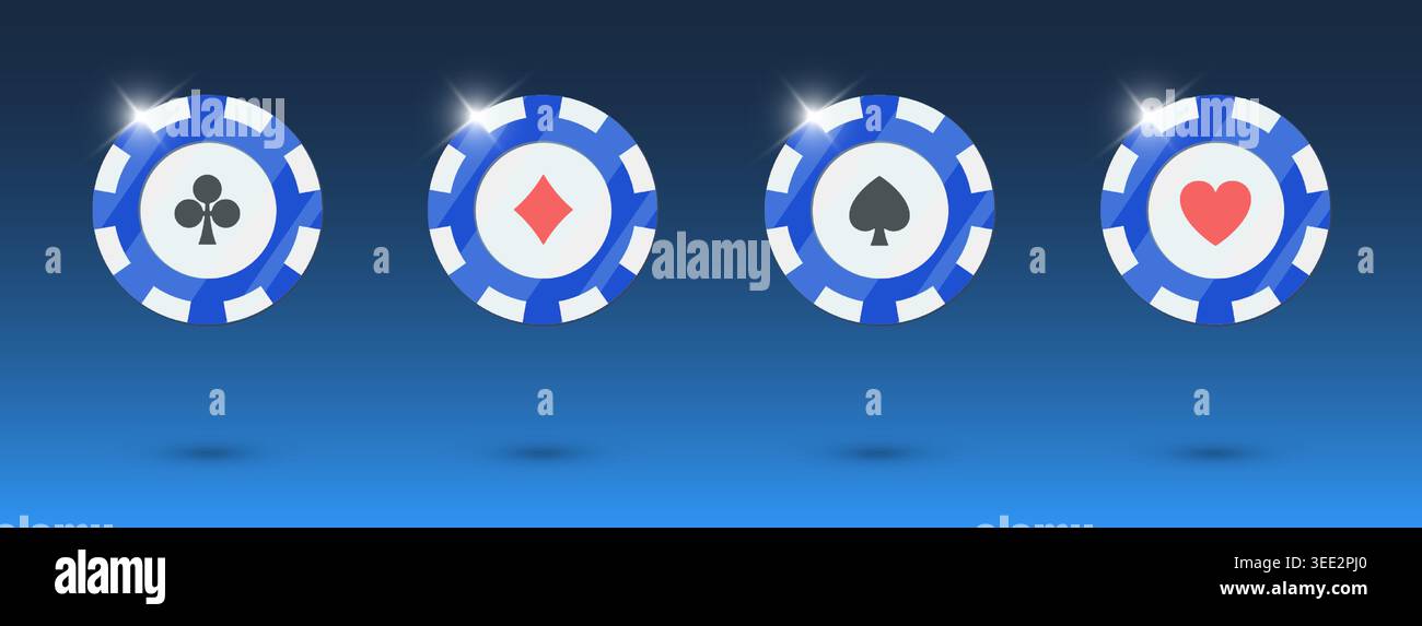 Jeu de jetons de casino 3D bleu. Icônes de pièce de poker vectoriel. Collection de symboles coeur Club Spade. La chute des jetons de jeu entraîne un arrière-plan sombre. VIP blackjack gagnant cash jetons en ligne jeu UI éléments de luxe. Illustration de Vecteur