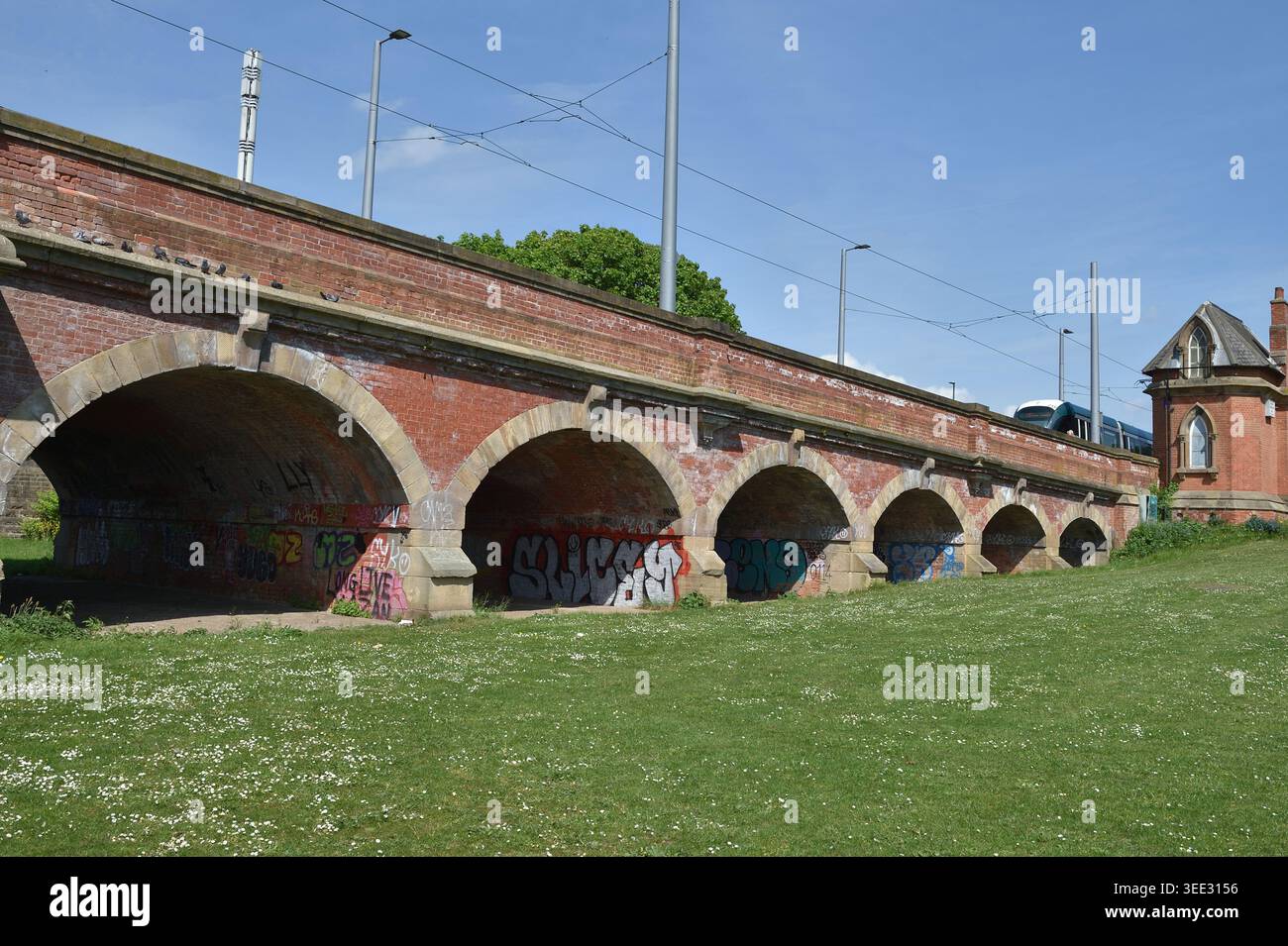 Tramways Nottingham Express transit traversant le pont Wilford Nottingham traversant la rivière Trent jusqu'au village de Wilford Banque D'Images