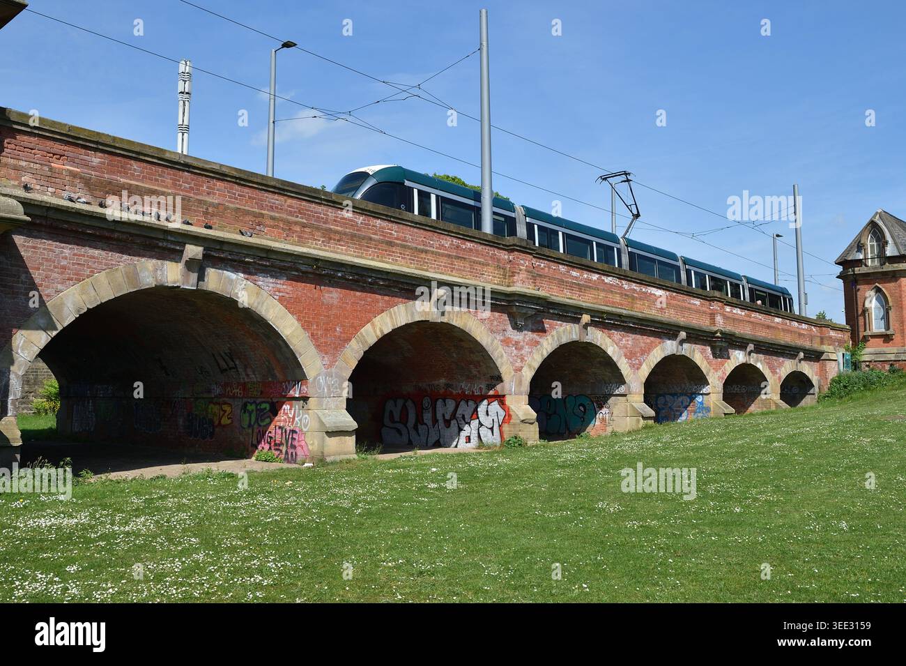 Tramways Nottingham Express transit traversant le pont Wilford Nottingham traversant la rivière Trent jusqu'au village de Wilford Banque D'Images
